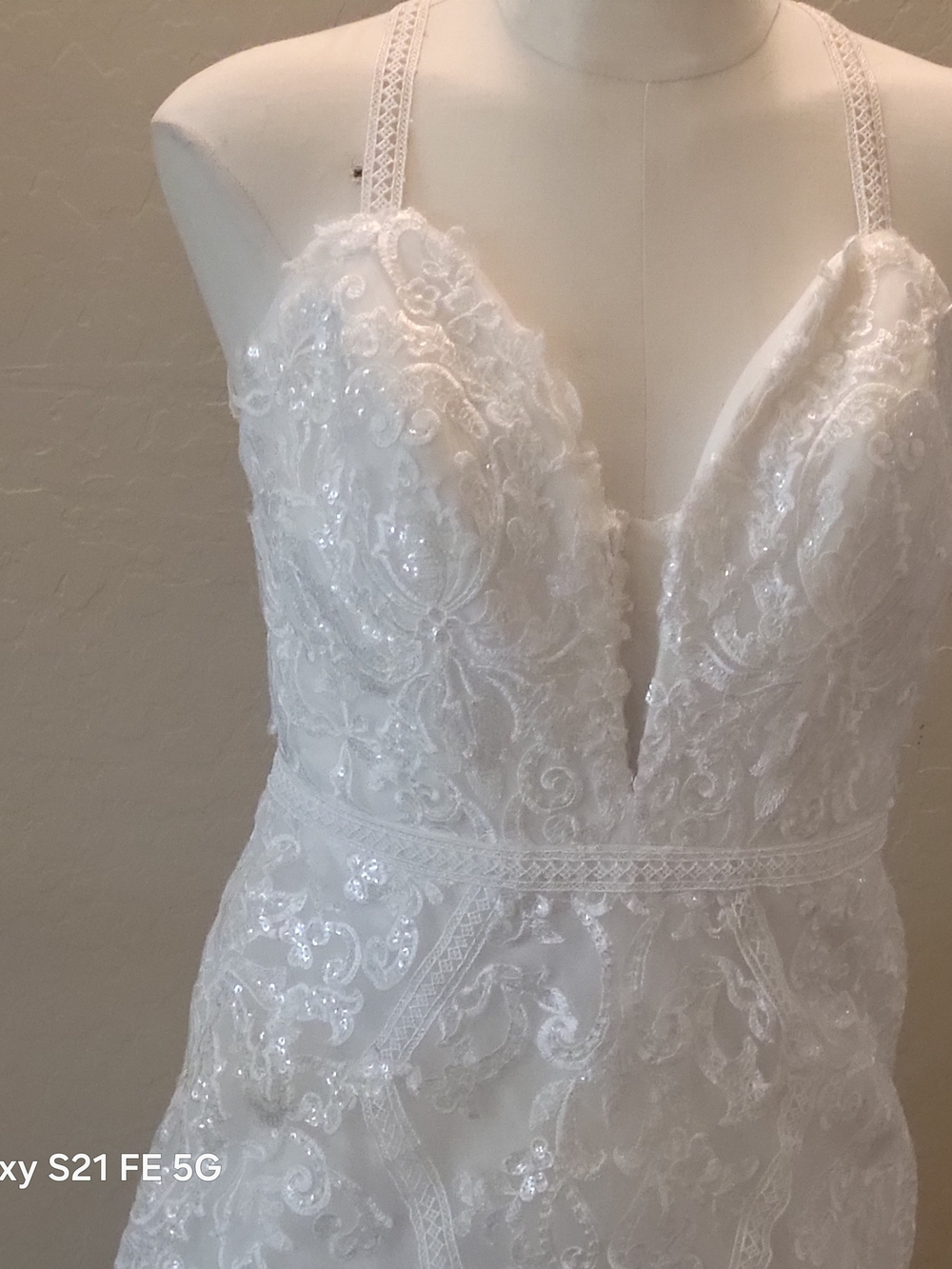 Source Unknown White Lace Wedding Dress with Plunge Neckline